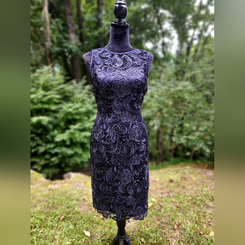 Adrianna Papell Navy Blue Lace Sheath Dress - Picture 3 of 5
